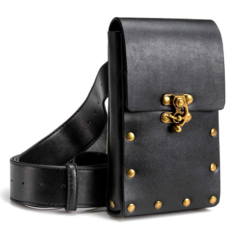 SUMGOGO Belt Pouch Waist Bag Fanny Pack Medieval Vintage Leather Pouch Cellphone Holder Holster Carry Belt Purse Pocket Casual Hiking Festival Renaissance Faire Costume Props Travel Wallet (Black) - Image 2